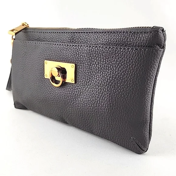Love & Lore Wristlet Clutch Dark Grey Gold Tone Hardware Top Zip Closure - Picture 2 of 16